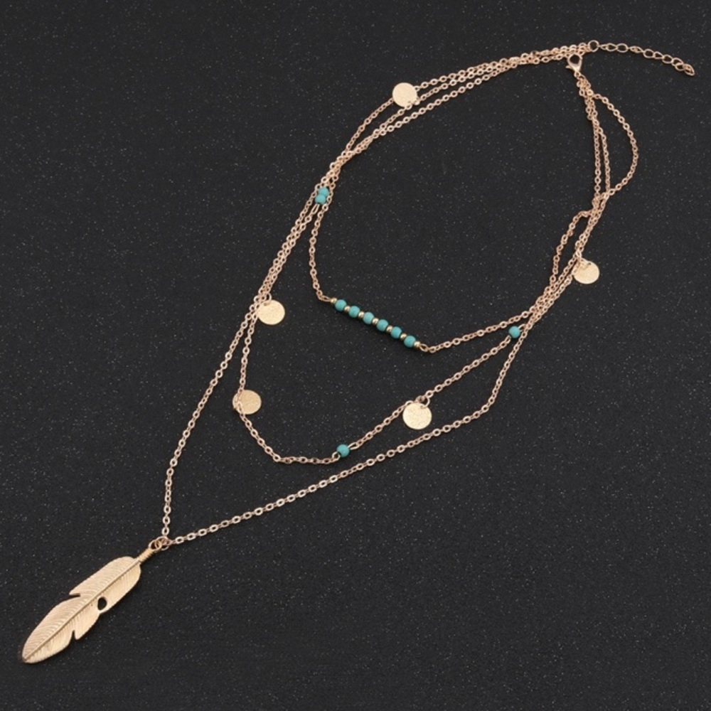 Multilayer Coin Tassel Feather Pendant Necklaces - Picture 3 of 4